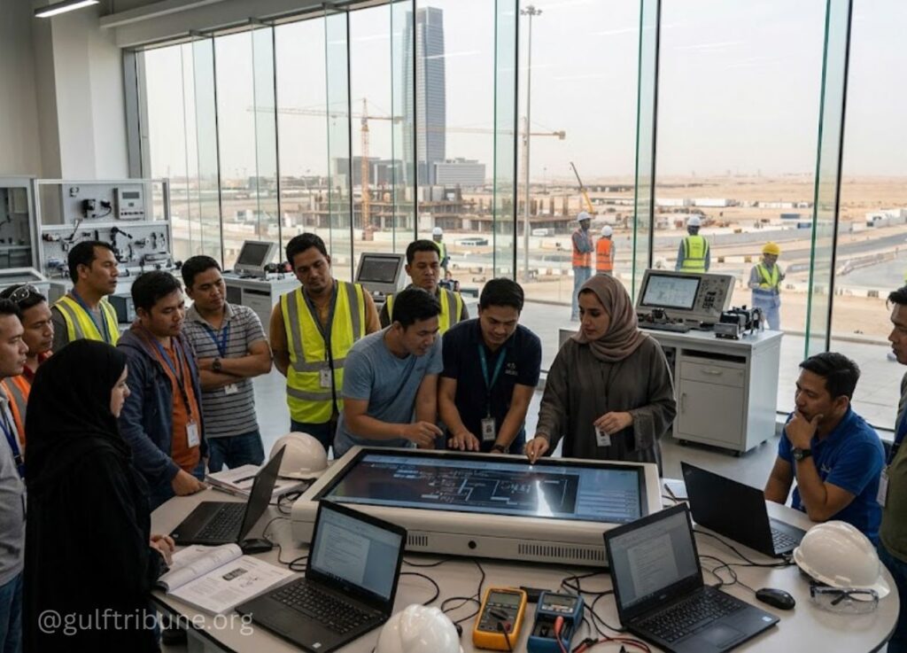 199 - Gulf Tribune A diverse team of engineers and workers gather around a large interactive touchscreen table, reviewing a project plan in a bright, glass-walled control room overlooking a construction site with cranes outdoors.
