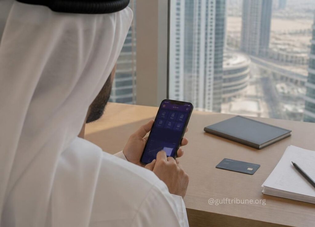 Businessperson in traditional white thobe using a smartphone at a desk by a window with skyscrapers outside.